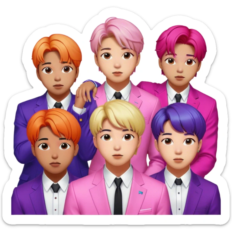 Cinematic Realistic group portrait of BTS featuring all 7 members in stylish modern attire, with detailed facial expressions and vibrant colors, captured in dynamic, contemporary lighting that emphasizes their global pop icon status sticker
