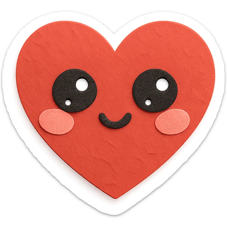 kawaii red heart, blushing, big shiny eyes, soft pastel palette, no arms or legs, full body, paper craft style sticker