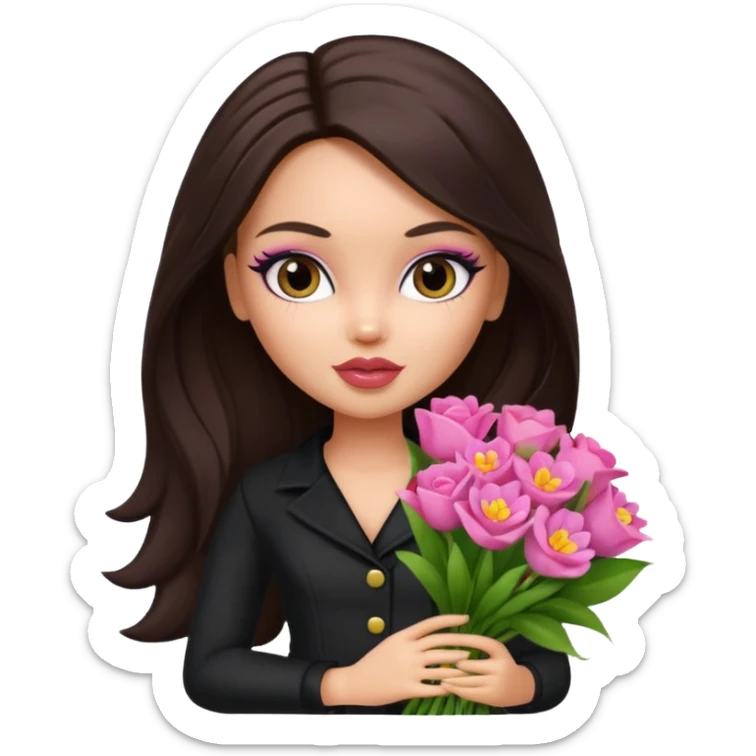  pretty bratz doll with makeup with dark top, long dark brown hair holding big bouquet of flowers  sticker