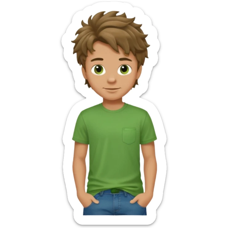 A teenage boy, tanned, wearing a green t-shirt , blue jeans and green sneakers with brown wavy tousled hair, smirking sticker