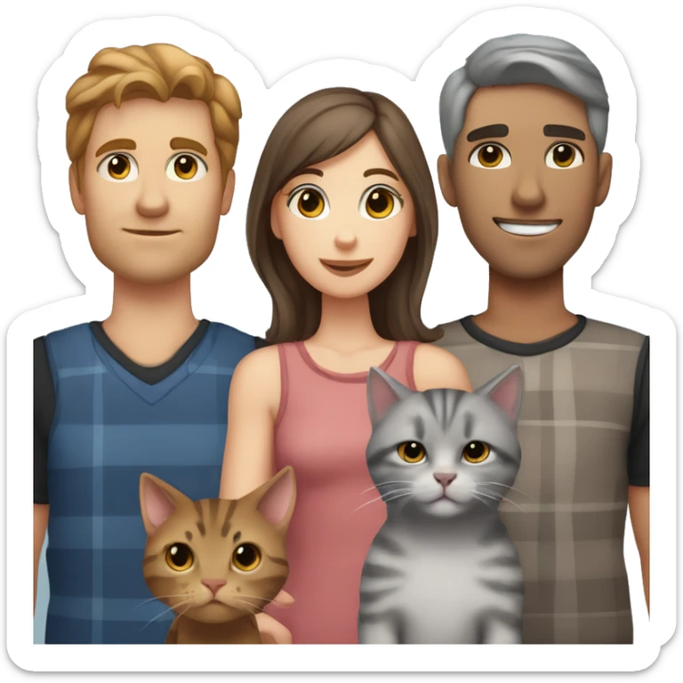 Family girl with brown hair and hezel eyes, a tabby gray kitten, a gray Scottish cat and a man with black short hair with brown eyes sticker