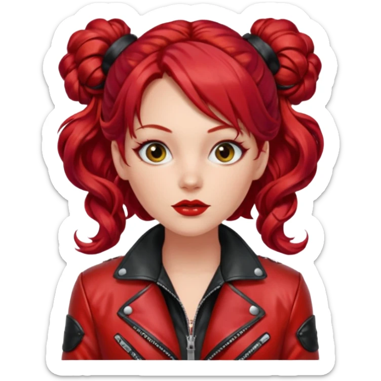 A woman with strikingly long, wavy, vibrant red hair, which is styled with two small buns on top of her head. She is wearing a shiny red leather jacket over a red top with a black patterned trim. She's gagged sticker