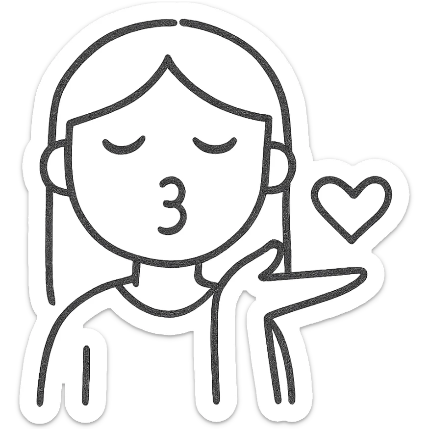 Make this icon of a light-skinned girl with straight, light brown hair blowing a kiss towards the screen even more minimalistic, with fewer lines and simplified features, no background. sticker