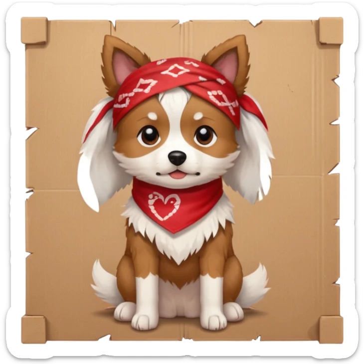 A small scruffy dog wearing a torn bandana, sitting beside a cardboard piece with hopeful gentle eyes.
e Fireplace sticker