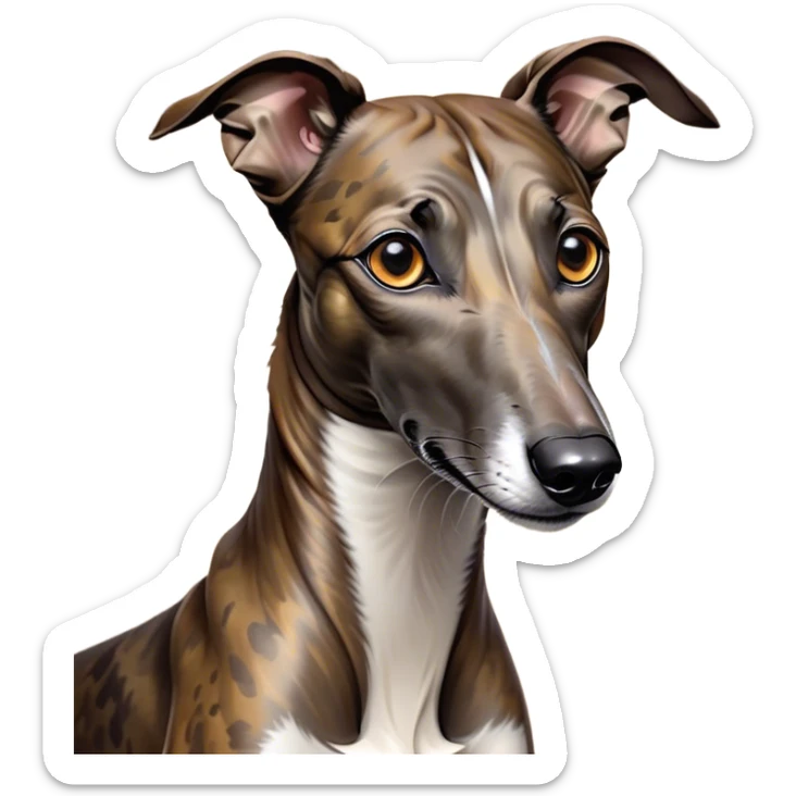 Cinematic Noble Brindle Greyhound Portrait Emoji, Poised and regal, with a slender, aerodynamic build and a refined brindle Fur, deep-set soulful eyes, Simplified yet sharp and sophisticated features, highly detailed, glowing with a soft, dignified glow, high shine, intelligent and agile, stylized with an air of elegance, focused and attentive, soft glowing outline, capturing the essence of a watchful and graceful racer, so majestic it feels as though it could dash out of the screen with effortless authority! sticker