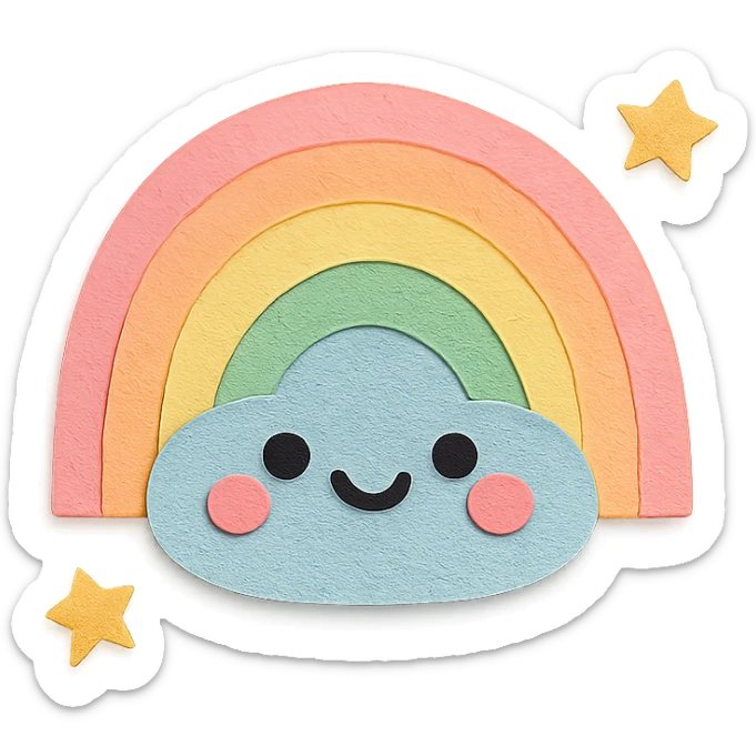 adorable pastel gentle rainbow arc, tiny stars, no arms or legs, full body, kawaii paper craft style sticker