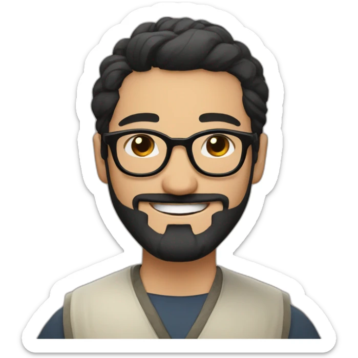 Arabic man, very short black hair, round hipster glasses, dark beard and mustache, round-ish face, brown eyes, beautiful smile, beautiful clothes inspired by japanese samurai sticker