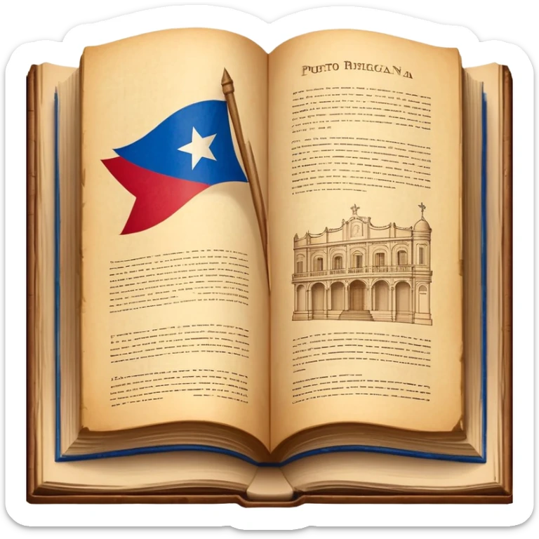 Open vintage book showing detailed stage design sketches, blueprints of theatrical sets, Puerto Rican flag elements woven into the designs, wooden borders, emanating a golden timeless glow sticker