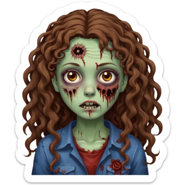 Foto de uma menina com cabelo cacheado longo castanhos, olhos castanhos no estilo zumbi sticker