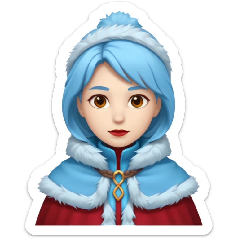 Fantasy human emoji portrait, simple winter mantle with icy blue fur trim and crimson inner fabric, northern winter aesthetic, calm heroic expression, clean flat emoji design, female variant
 sticker