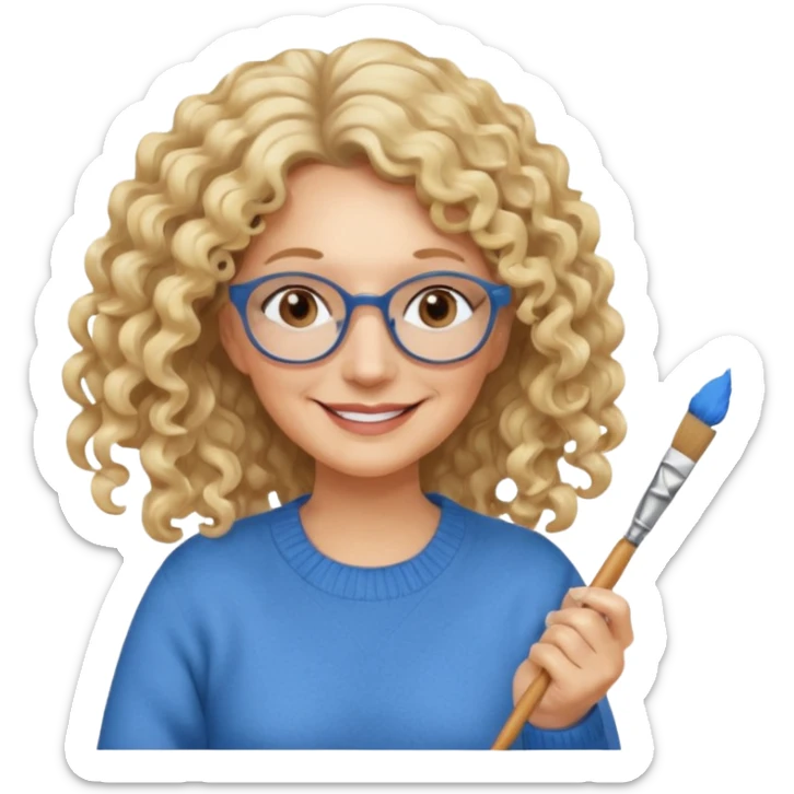 FEMME FRISÉ 60 ANS CHEVEUX BLON FRISÉ LONG SOURIANTE AVEC CHANDAIL BLEU,  YEUX BRUN ET UN PINCEAU À LA MAIN LA MAIN AVEC 5 DOIGT SEULEMENT ET LUNETTE sticker