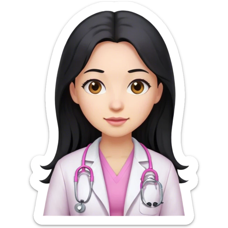 Long black hair female doctor in pink undershirt white coat over pink stethoscope  sticker