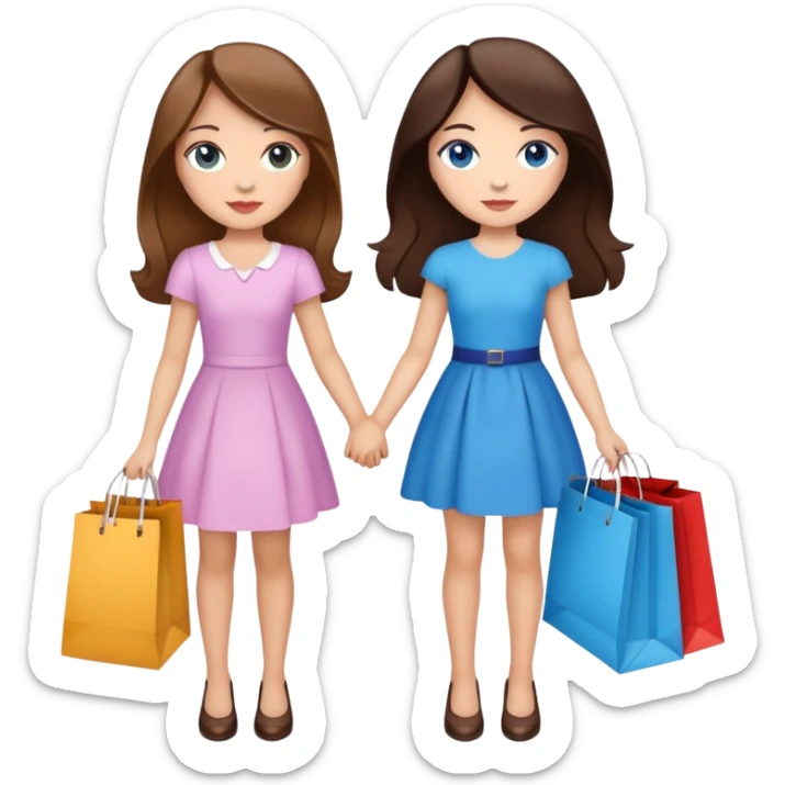 two girls with light skin and brunette hair (with with medium brown hair and blue eyes and one with dark brown hair and dark brown eyes) holding hands, they are best friends, and they are holding shopping bags from fancy boutiques in their other hands  sticker