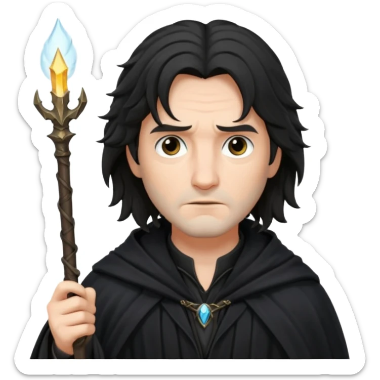 Sirius Black emoji, serious look, long messy hair, wand in hand, dark cloak sticker