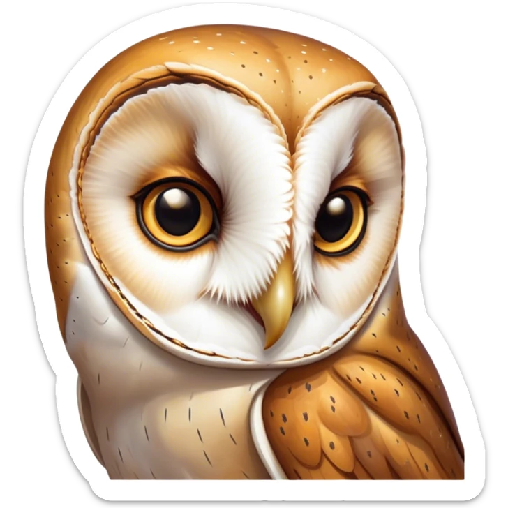 Cinematic Noble Barn Owl Portrait Emoji, Poised and regal, with a slender, graceful build and a striking mottled plumage of whites and browns, deep-set soulful amber eyes, Simplified yet sharp and sophisticated features, highly detailed, glowing with a soft, dignified glow, high shine, intelligent and mysterious, stylized with an air of nocturnal wisdom, focused and attentive, soft glowing outline, capturing the essence of a watchful and confident fowl, so majestic it feels as though it could silently glide out of the screen with effortless authority! sticker