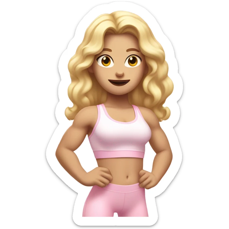 Woman, white skin, pale skin, long hair, blonde hair, wavy hair, baby pink sports bra, baby pink leggings, flexing one arm up sticker