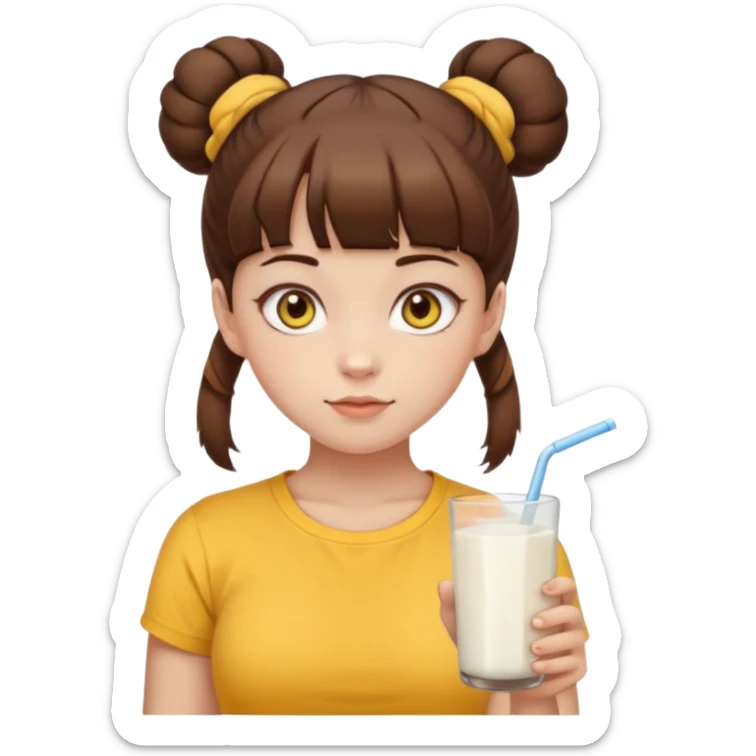 beautiful girl with brown hair with twin buns style, straight bangs, yellow eyes, milk brown tshirt, white skin, her body is a little fat  sticker