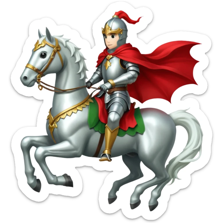 A knight in silver armor with a red cape, riding a white horse atop a green dragon. sticker