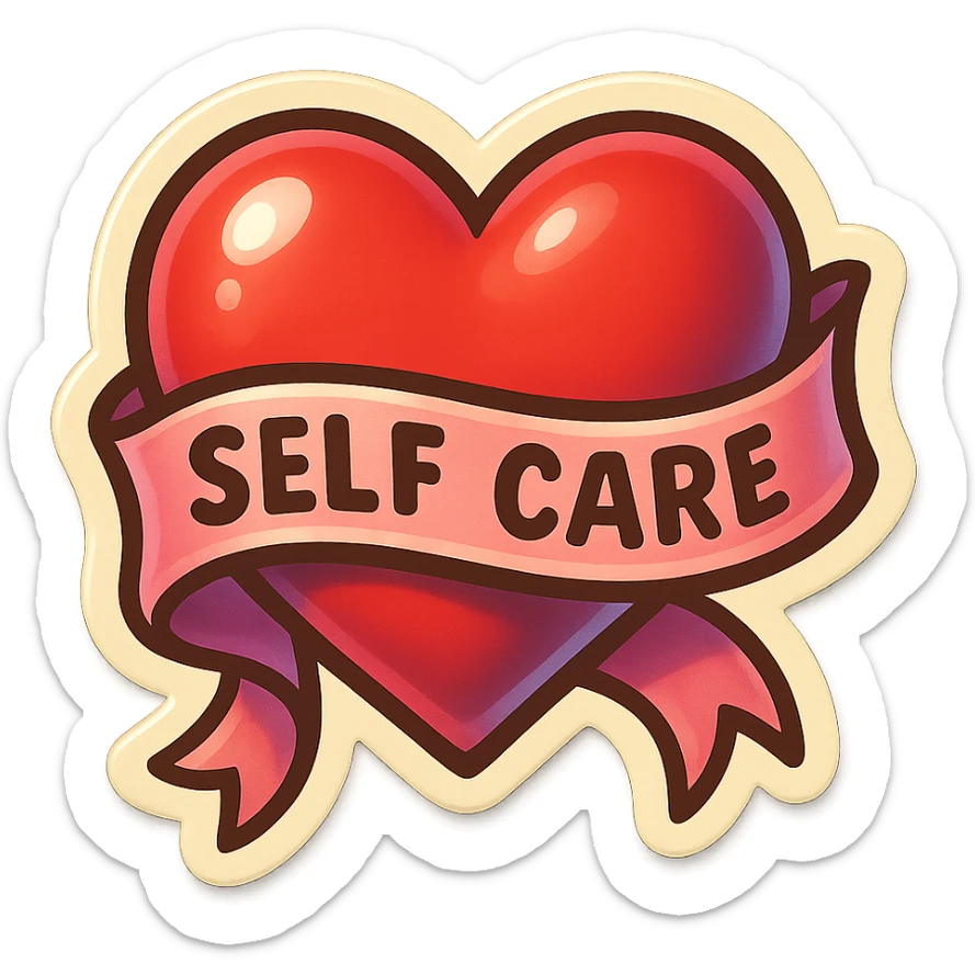 heart wrapped in a soft ribbon, symbol of self-care, retro sticker style, clear contours, shadows and highlights, psychosomatic theme sticker