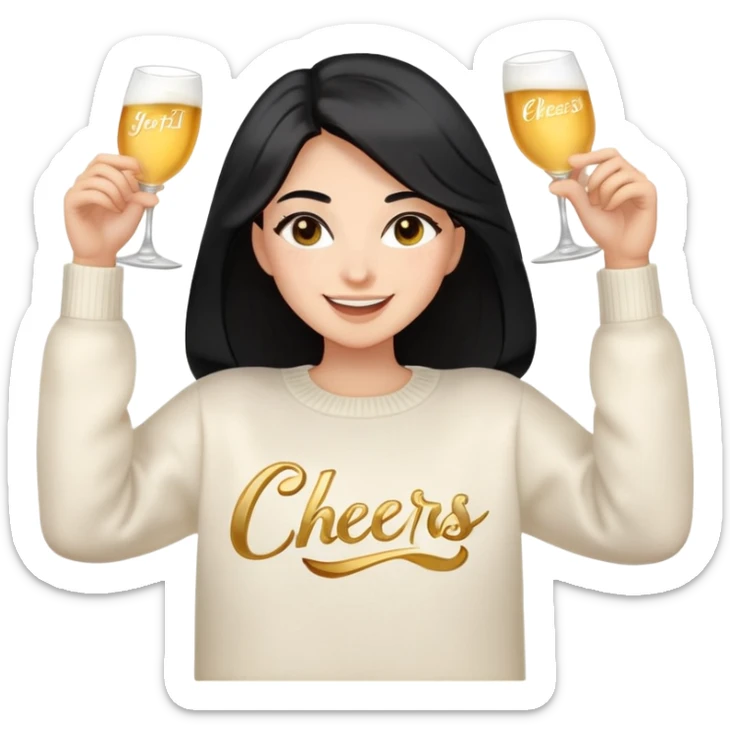 A woman with longer black hair, light to medium skin tone, full cheeks, and almond-shaped eyes, wearing a simple white sweater with the word 'cheers' in gold script, joyful and radiant expression, cheerful, emoji style, just her torso, no hands, no cups, no drinks. sticker
