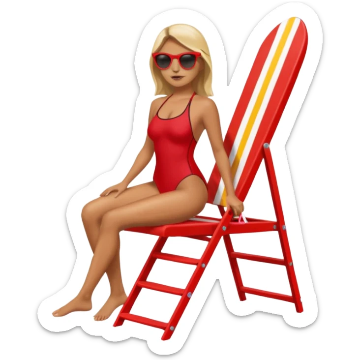 Female lifeguard – red swimsuit, sunglasses, sitting on tall lifeguard chair. sticker