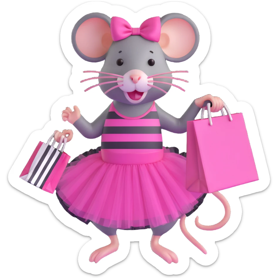 rat with a pink dress and tutu holding a black and white striped shopping bag sticker