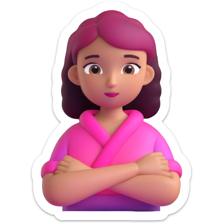 Shy girl character with arms crossed, transparent glass style, bright pink gradient, soft shadows and highlights, minimalist cute design sticker