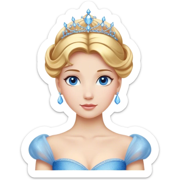 Cinematic Stunning Cinderella Portrait Emoji, Radiant in her sparkling blue ball gown, golden hair in a perfect updo, soft blue eyes full of wonder, glistening tiara, glowing with an ethereal beauty, regal yet kind, a dreamlike aura surrounds her, capturing the essence of a fairy tale princess, elegant and breathtaking! sticker