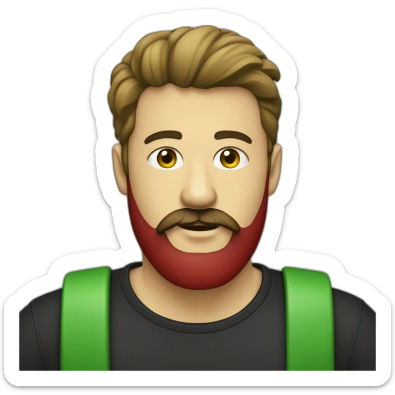 Homme avec barbe coûte et une calvitie  noir très cours avec un t-shirt rouge et un rectangle jaune et vert dessus sticker