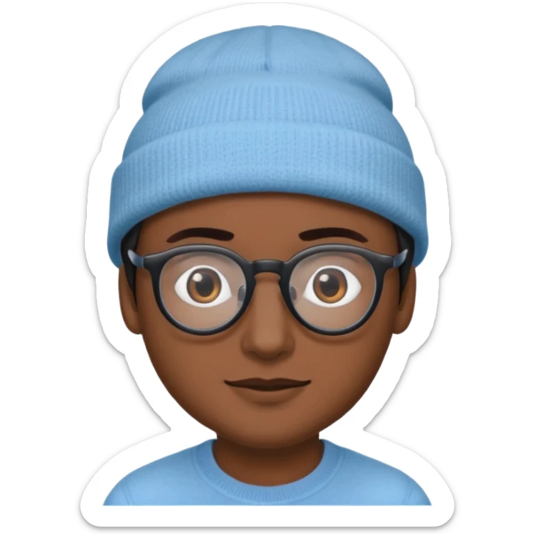 A person emoji with medium-dark skin, wearing a light blue beanie and black-framed glasses, with brown eyes, dark eyebrows, a small nose, and a subtle smile on a clean-shaven face. sticker