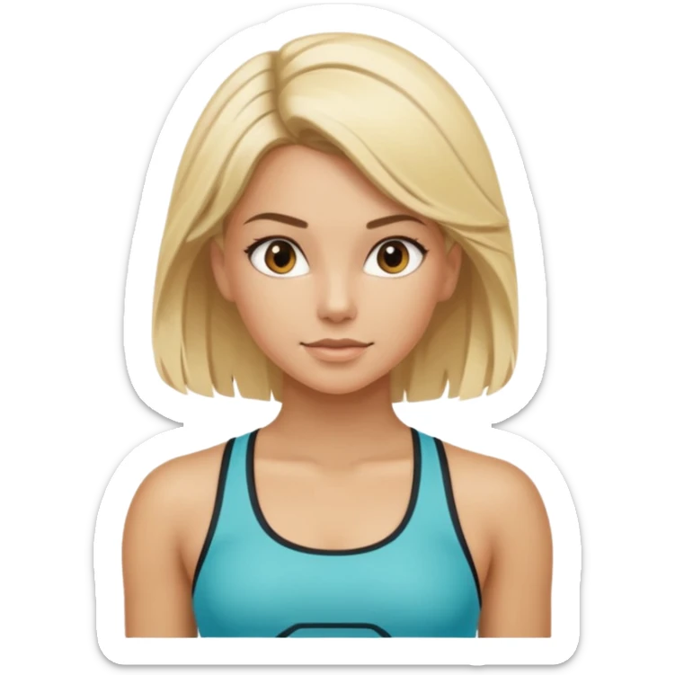 sporty girl with dyed blonde hair and dark roots, fitted athletic top, hair loose but well-groomed, looks like fitness instructor sticker