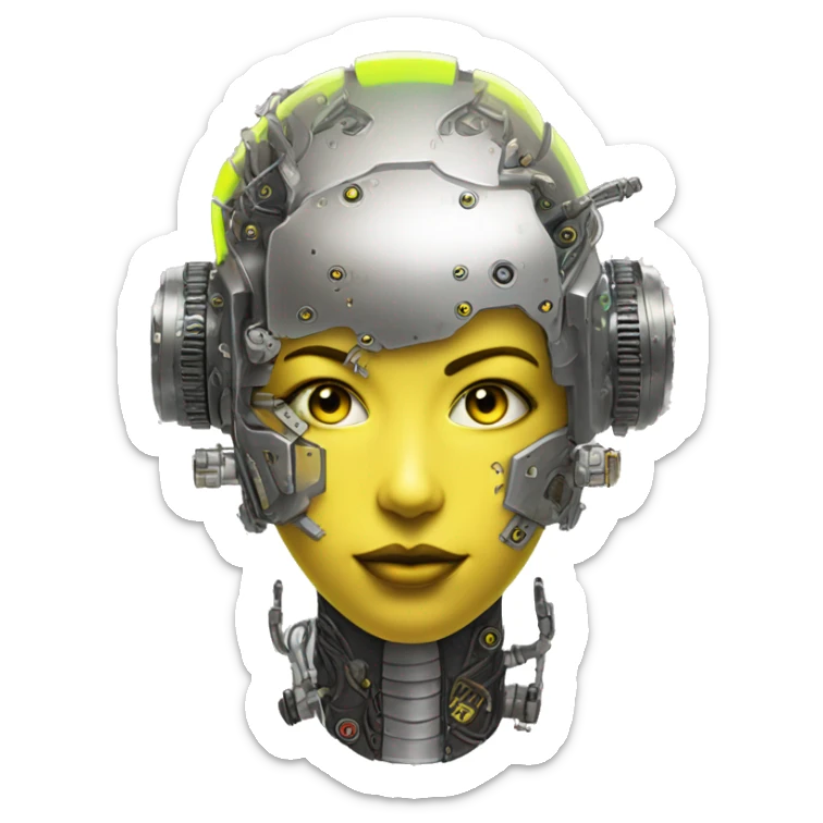 Caucasian female cyborg head with Neon yellow bobbed hair, silver steampunk goggles and circuits sticker