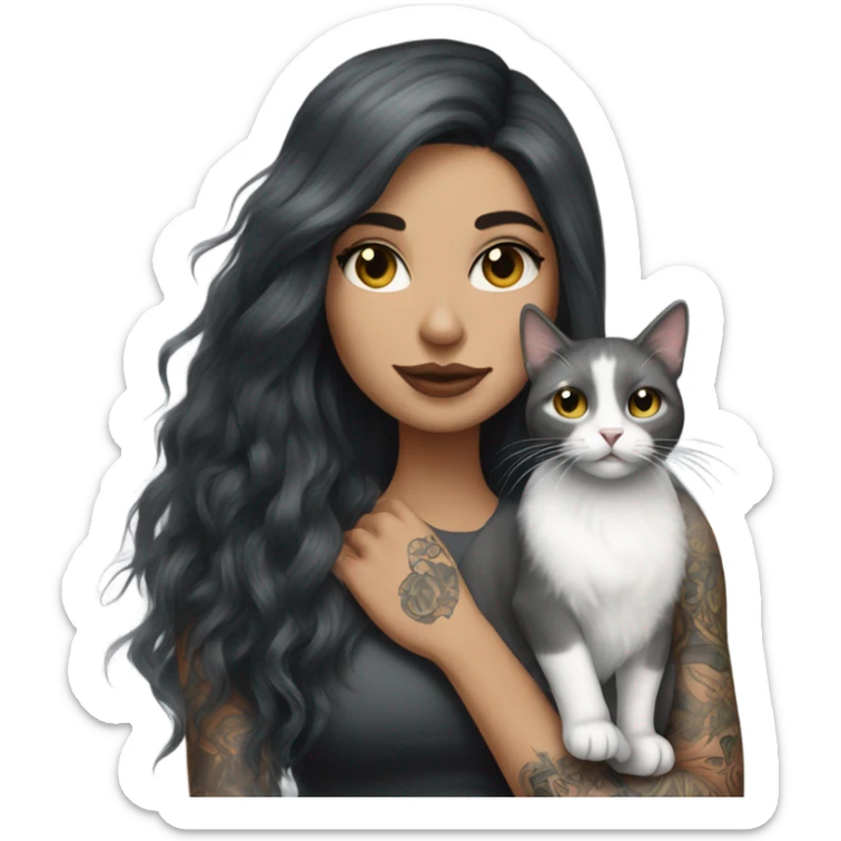 Beautiful dark haired tattooed woman holding gray and white long hair cat sticker