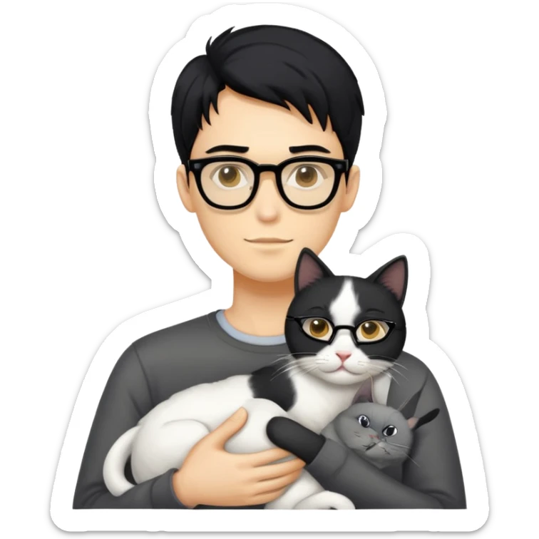 A young man with a long face and warm yellow-toned skin, black hair, wearing a pair of black glasses, cradling a grayish-white cat sticker