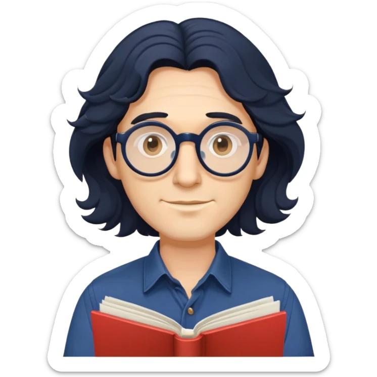 Man with longer wavy black hair, round glasses, dark blue buttoned shirt, holding program booklet for a play sticker