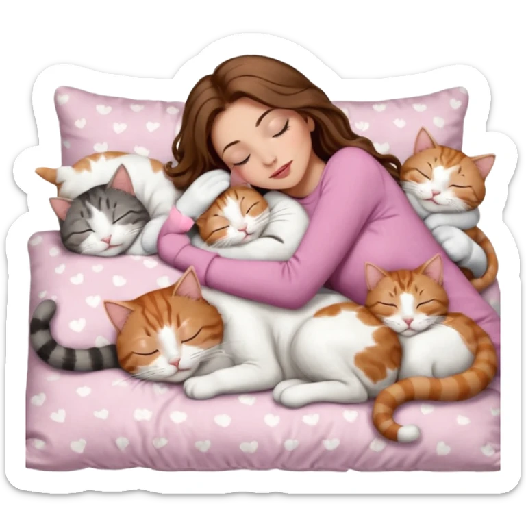 girl with long wavy brown hair, brown eyes, long lashes makeup, sexy pink lips, light to medium complexion,  sleeping on a cozy pillow, with 6 cats: 1 brown and white tabby cat, 1 ginger and white, 2 grey and white, 1 grey with white mittens and small white patch on chest and 1 calico, sleeping sticker