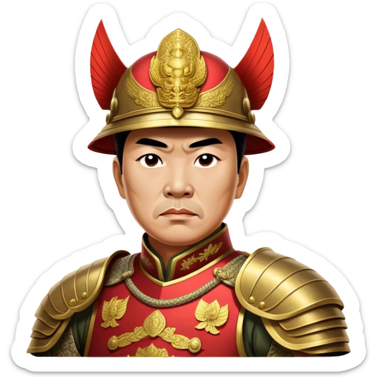 Trần Hưng Đạo – Cinematic Realistic Portrait of Trần Hưng Đạo, depicted as a revered Vietnamese general in traditional armor with a determined gaze, rendered with intricate historical textures and dynamic lighting that highlights his legendary martial spirit and leadership. sticker