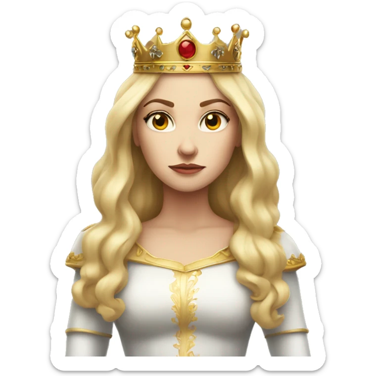 White-skinned woman, long blonde hair, crown on head, serious expression, queen sticker
