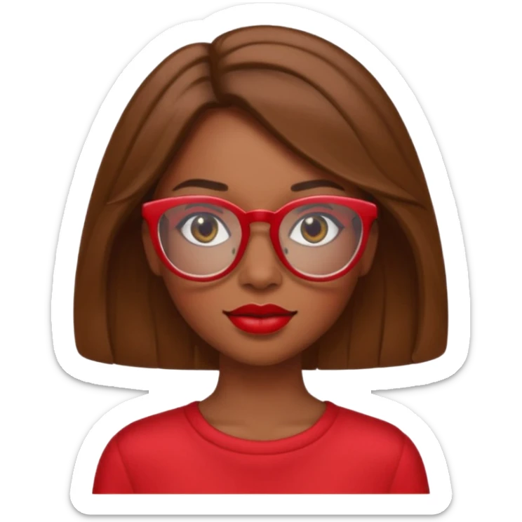 It creates a girl with brown skin, hair a little below her shoulders, just a little, pretty clear glasses, wearing red clothes and red lipstick. sticker