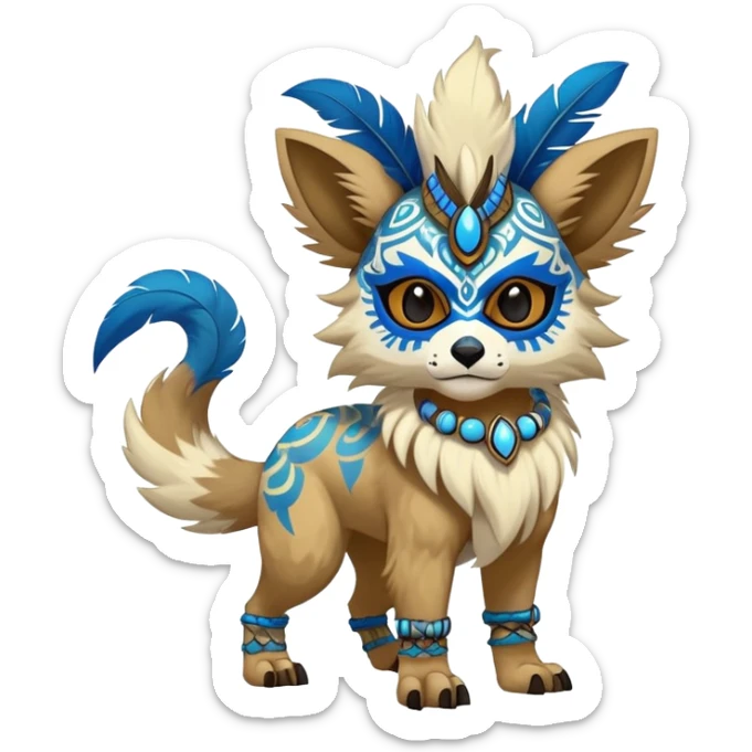 Furry cute colorful exotic tribal feral anime-styled Fakémon-Pokémon-animal-creature with a skull mask, and a feather-mane-collar, and blue feathers, with long furry ears, long furry tail, 4 legs, (full body), with intricate pattern-markings sticker