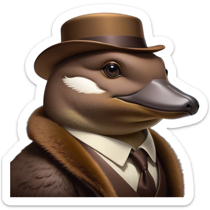 Cinematic Noble Platypus Portrait Emoji, Poised and regal, with a uniquely streamlined build and a sleek, well-groomed brown fur, a distinctive flat duckbill and broad, beaver-like tail, deep-set soulful eyes full of wonder, Simplified yet sharp and sophisticated features, highly detailed, glowing with a soft, dignified glow, high shine, intelligent and enigmatic, stylized with an air of aquatic curiosity, focused and attentive, soft glowing outline, capturing the essence of a watchful and confident oddity, so majestic it feels as though it could glide out of the screen with effortless authority! sticker
