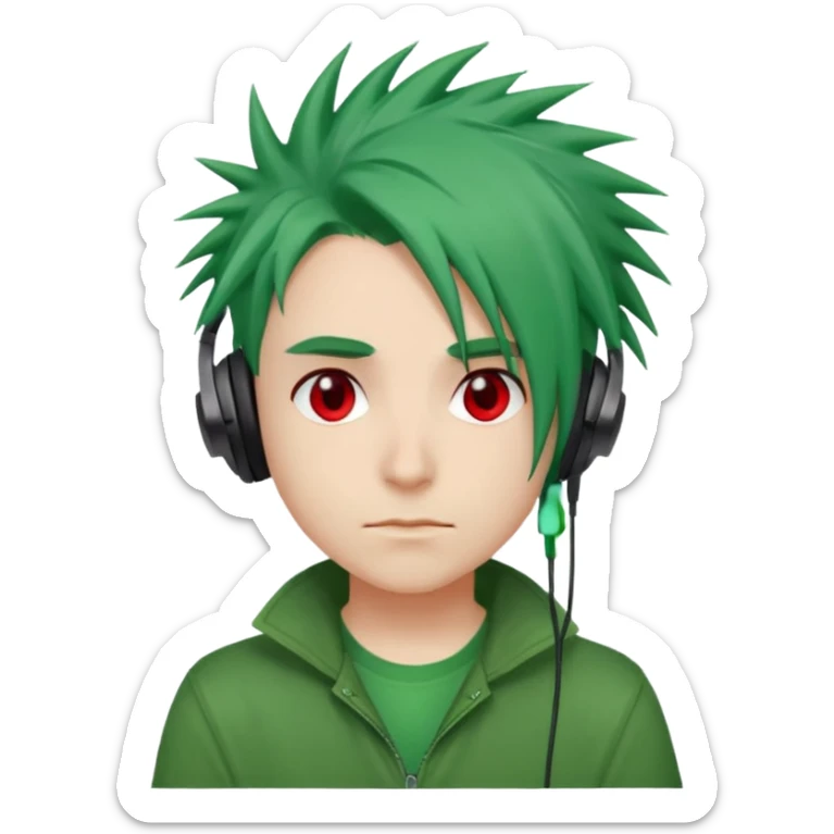 chico pelo medio largo ojos rojos y una camisa verde pelo tipo spike y unos audifonos sticker
