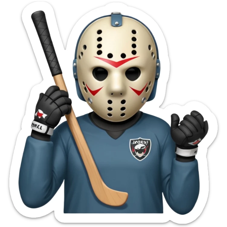 a cartoon image of Jason Voorhees, looking cute, with his hands clasped in front of him, at a sideways angle sticker