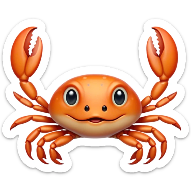 Cinematic Cute Baby Crab Portrait Emoji, Head tilted playfully and inquisitively, featuring an adorably small form with a delicately patterned carapace, round, sparkling eyes, and tiny, endearing pincers, Simplified yet irresistibly adorable features, highly detailed, glowing with a warm, friendly coastal glow, high shine, affectionate and lively, stylized with a touch of seaside whimsy, soft glowing outline, capturing the essence of a mischievous yet loving baby crab that seems as if it could pinch its way out of the screen into your arms! sticker
