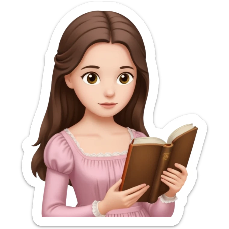  white long brunette hair girl with hazel eyes in light pink reading Pride and Prejudice sticker