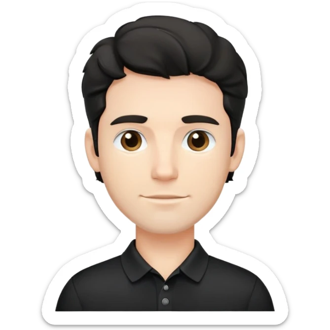 Caucasian male with wavy black hair in a comfortable black polo shirt with collar sticker