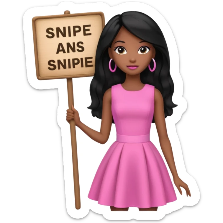 Black barbie, long black  hair, pink dress holding sign, that says snipe sticker