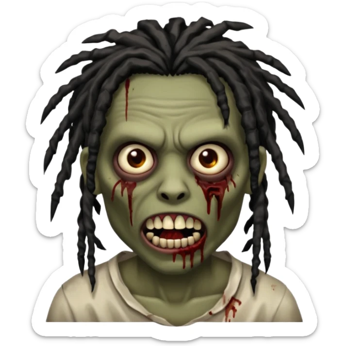 zombie with brown skin, messy black dreads hair, wide centered brown eyes, dark bloody marks under the eyes, and a slightly open mouth showing crooked teeth grillz, giving a distressed, undead look. sticker