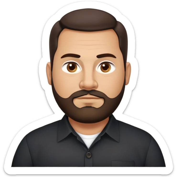 Very stocky businessman in his 40s with light brown skin, pear-shaped face (wider at bottom), full cheeks, medium dark brown eyes, thick eyebrows, wide nose, professional expression, short full beard, short dark hair, wearing a black button-up shirt sticker