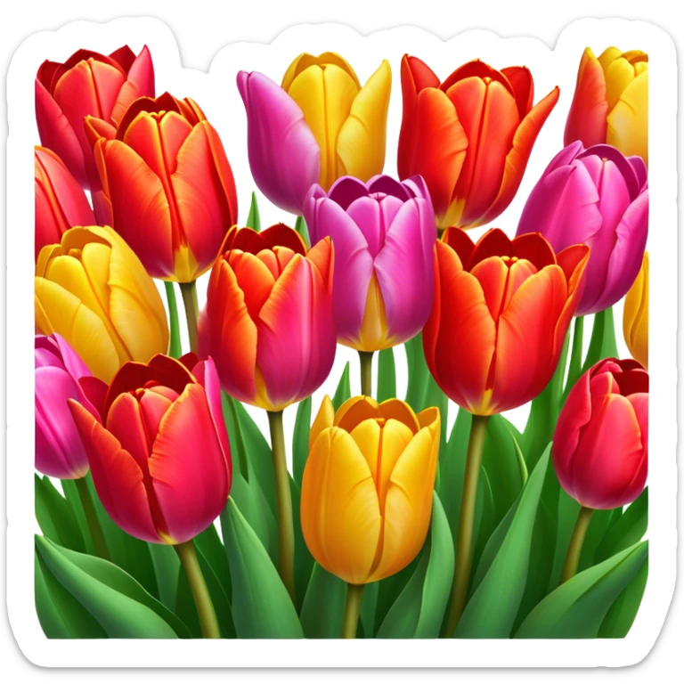 Tulips – Cinematic Realistic Tulips, depicted as a vibrant field of blooming tulips in brilliant hues, each delicate petal catching dewdrops under soft, natural spring light, rendered with detailed textures and a dreamy, picturesque glow. sticker